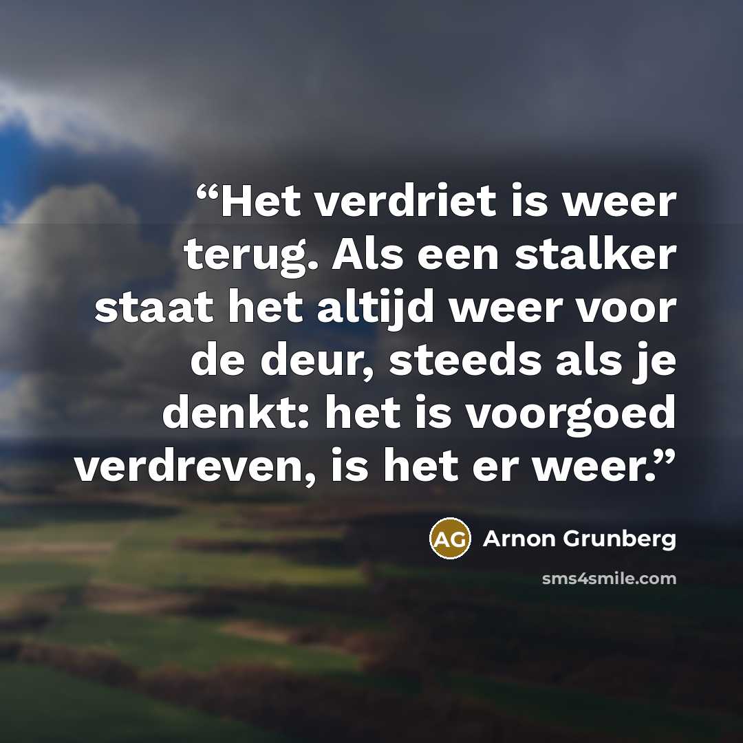 “Het verdriet is weer terug. Als een stalker staat het altijd weer voor de deur, steeds als je denkt: het is voorgoed verdreven, is het er weer.” quote by Arnon Grunberg