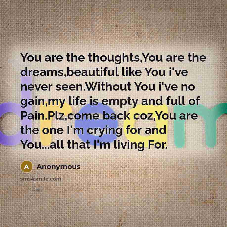 “You are the thoughts,You are the dreams,beautiful like You i've never seen.Without You i've no gain,my life is empty and full of Pain.Plz,come back coz,You are the one I'm crying for and You...all that I'm living For.” quote by Anonymous
