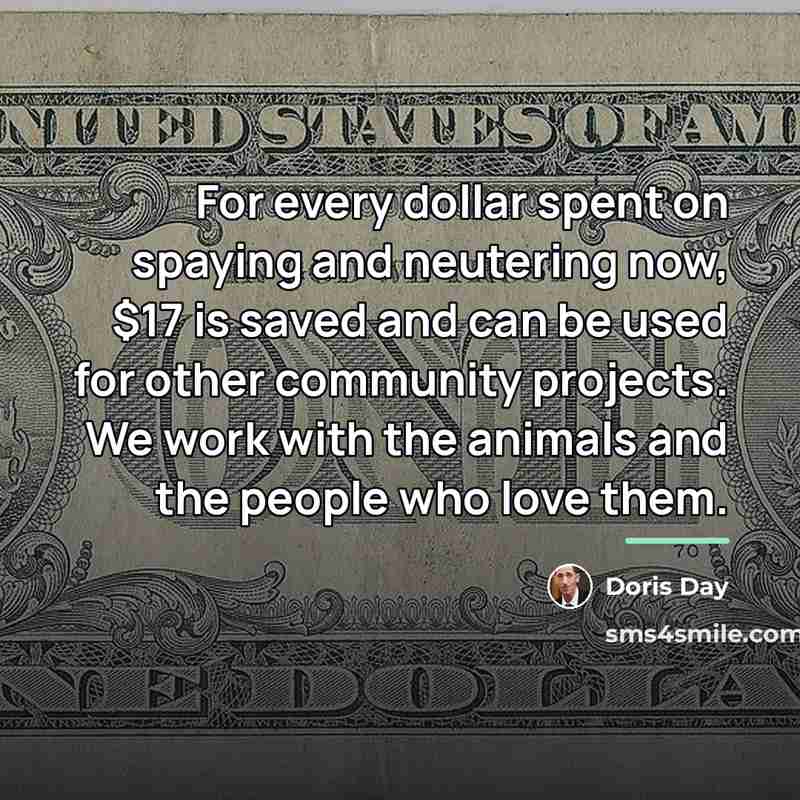 “For every dollar spent on spaying and neutering now, $17…” quote by Doris Day