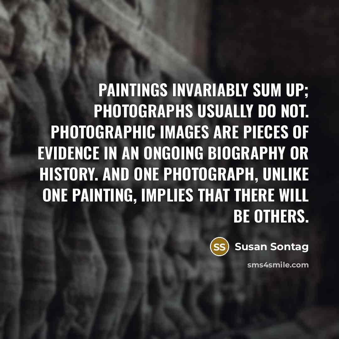 “Paintings invariably sum up; photographs usually do not. Photographic images…” quote by Susan Sontag