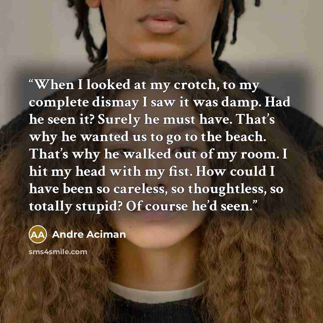 “When I looked at my crotch, to my complete dismay I saw it was damp. Had he seen it? Surely he must have. That’s why he wanted us to go to the beach. That’s why he walked out of my room. I hit my head with my fist. How could I have been so careless, so thoughtless, so totally stupid? Of course…” quote by André Aciman