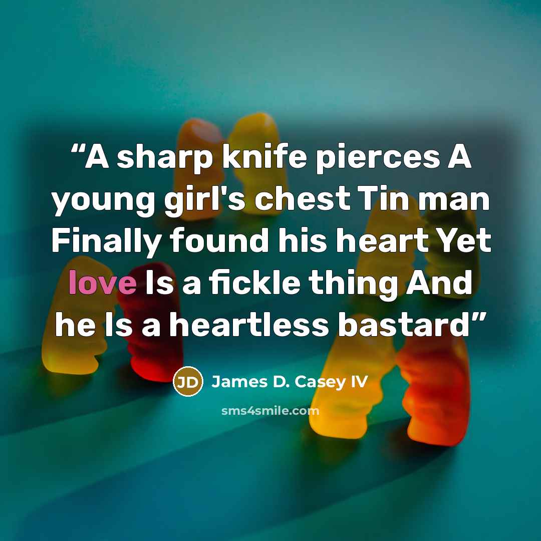 “A sharp knife pierces A young girl's chest Tin man Finally found his heart Yet love Is a fickle thing And he Is a heartless bastard” quote by James D. Casey IV