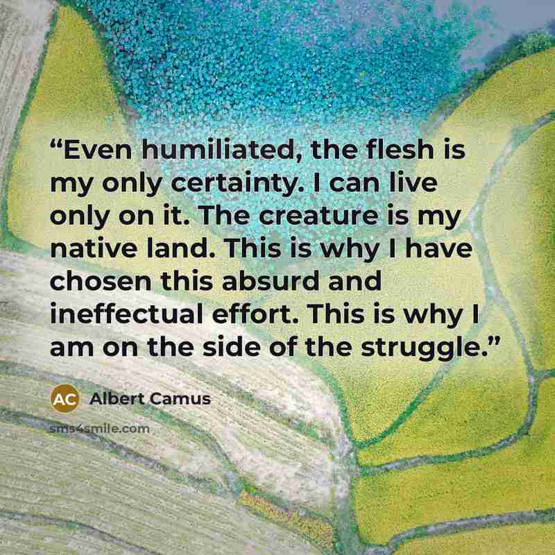 “Even humiliated, the flesh is my only certainty. I can live only on it. The creature is my native land. This is why I have chosen this absurd and ineffectual effort. This is why I am on the side of the struggle.” quote by Albert Camus