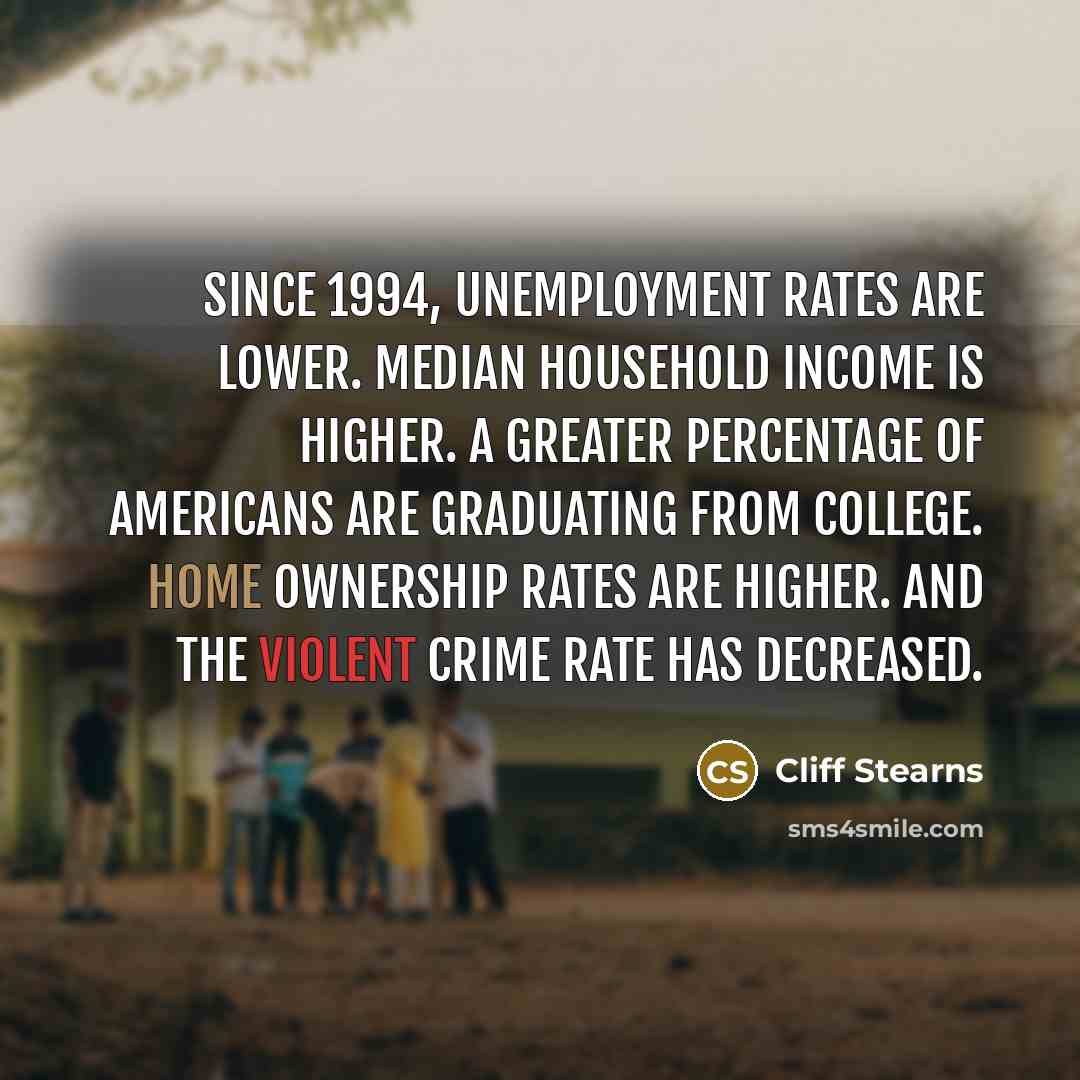 “Since 1994, unemployment rates are lower. Median household income is…” quote by Cliff Stearns
