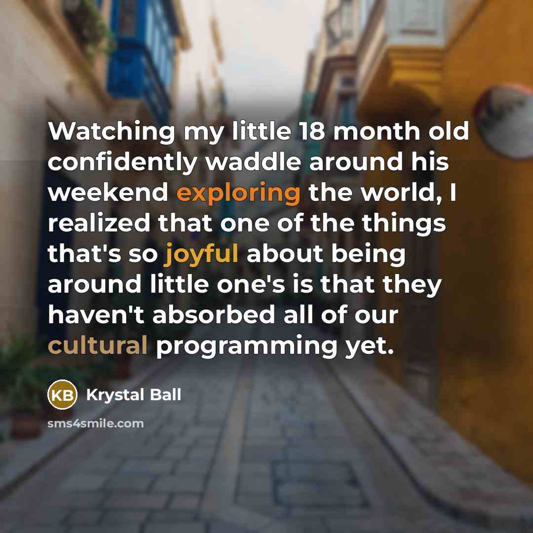 “Watching my little 18 month old confidently waddle around his weekend exploring the world, I realized that one of the things that's so joyful about being around little one's is that they haven't absorbed all of our cultural programming yet.” quote by Krystal Ball