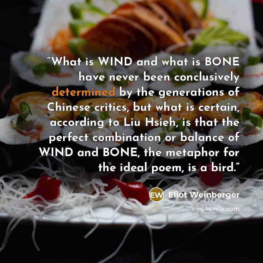 “What is WIND and what is BONE have never been conclusively determined by the generations of Chinese critics, but what is certain, according to Liu Hsieh, is that the perfect combination or balance of WIND and BONE, the metaphor for the ideal poem, is a bird.” quote by Eliot Weinberger