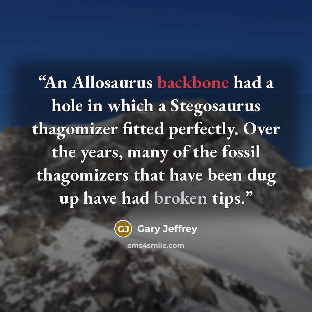 “An Allosaurus backbone had a hole in which a Stegosaurus thagomizer fitted perfectly. Over the years, many of the fossil thagomizers that have been dug up have had broken tips.” quote by Gary Jeffrey