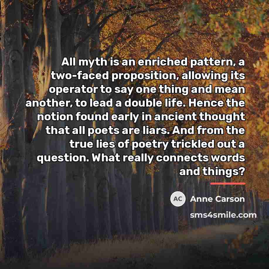 “All myth is an enriched pattern, a two-faced proposition, allowing…” quote by Anne Carson