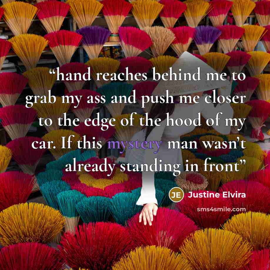 “hand reaches behind me to grab my ass and push me closer to the edge of the hood of my car. If this mystery man wasn’t already standing in front” quote by Justine Elvira