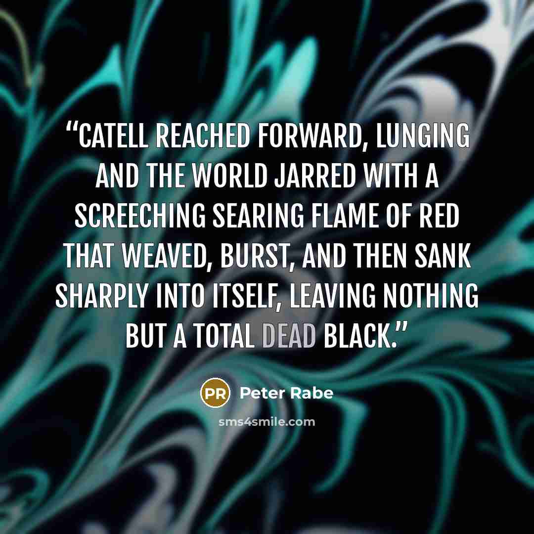 “Catell reached forward, lunging and the world jarred with a screeching searing flame of red that weaved, burst, and then sank sharply into itself, leaving nothing but a total dead black.” quote by Peter Rabe