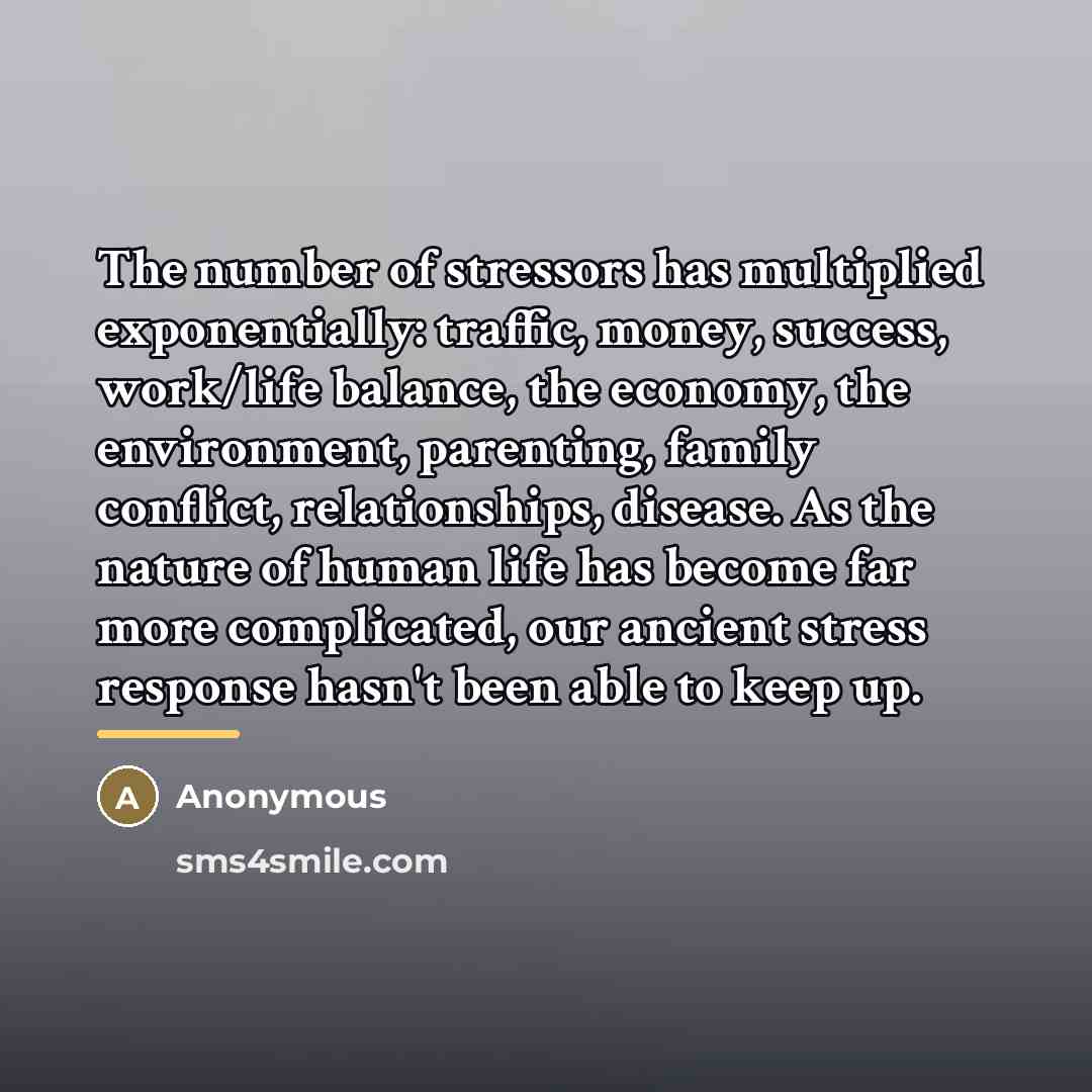 “The number of stressors has multiplied exponentially: traffic, money, success,…” quote by Anonymous
