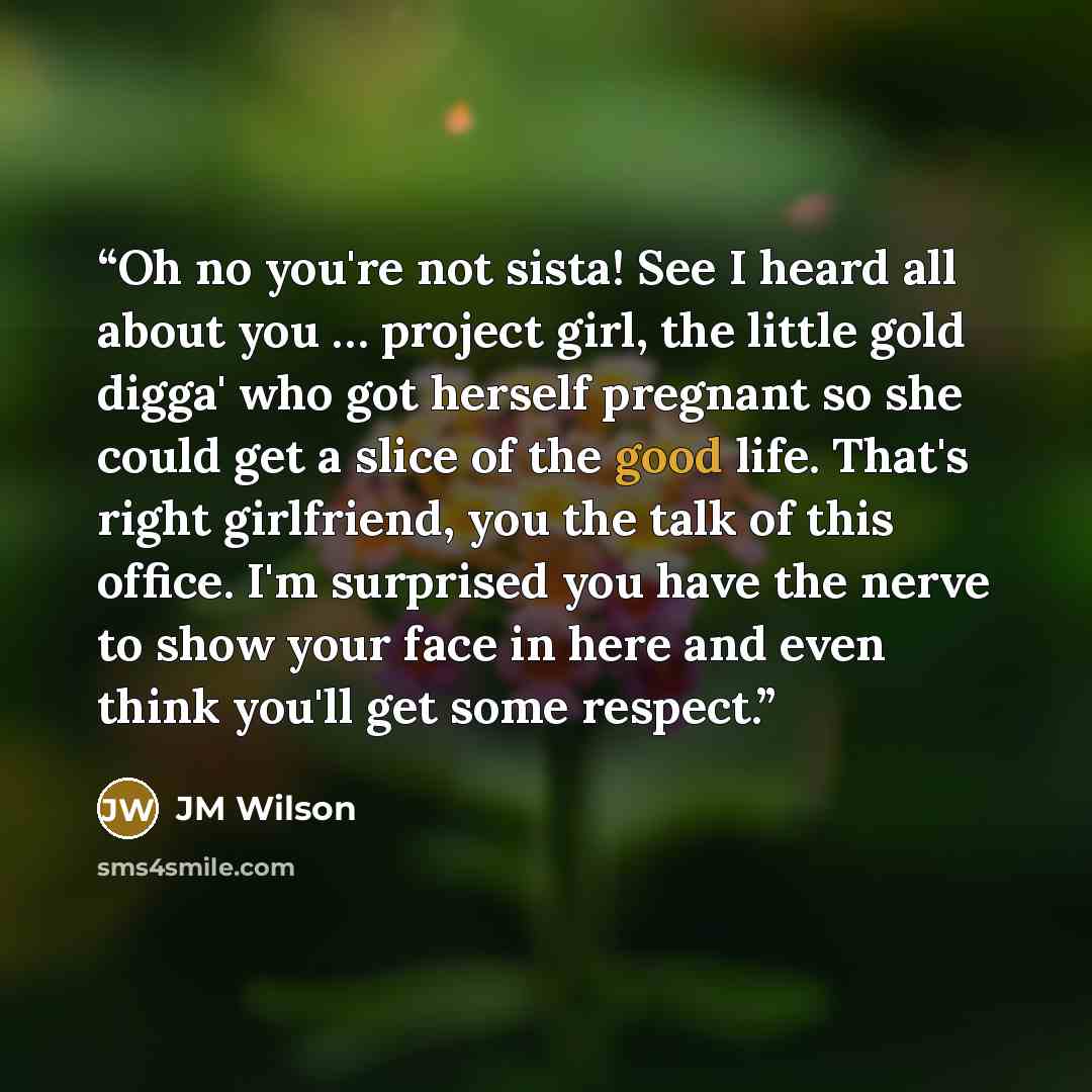 “Oh no you're not sista! See I heard all about you … project girl, the little gold digga' who got herself pregnant so she could get a slice of the good life. That's right girlfriend, you the talk of this office. I'm surprised you have the nerve to show your face in here and even think you'll get…” quote by JM Wilson