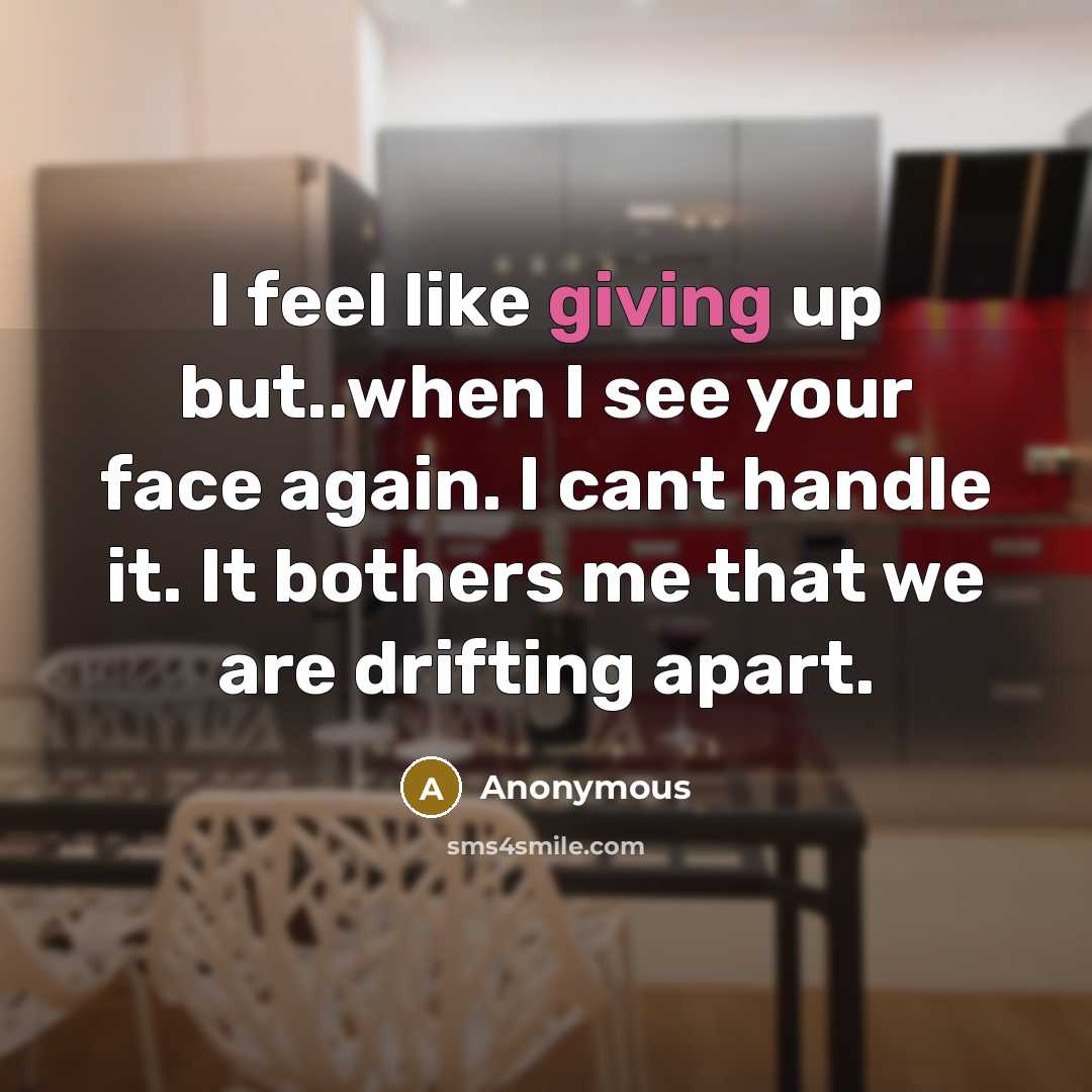 “I feel like giving up but..when I see your face again. I cant handle it. It bothers me that we are drifting apart.” quote by Anonymous
