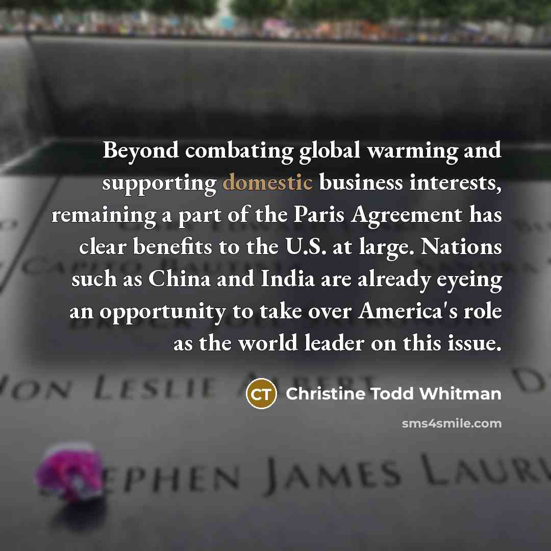 “Beyond combating global warming and supporting domestic business interests, remaining…” quote by Christine Todd Whitman
