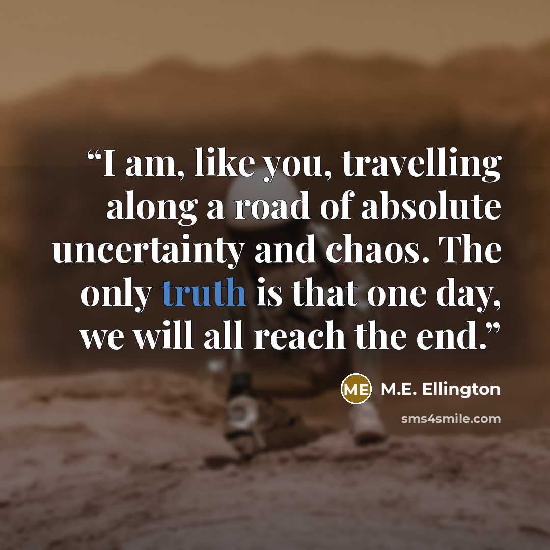 “I am, like you, travelling along a road of absolute uncertainty and chaos. The only truth is that one day, we will all reach the end.” quote by M.E. Ellington