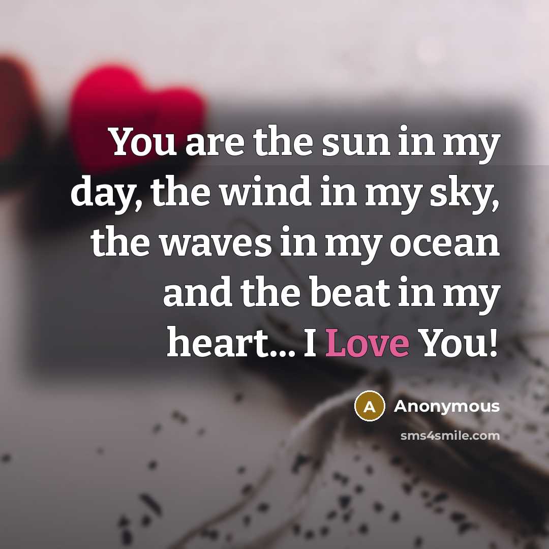 “You are the sun in my day, the wind in my sky, the waves in my ocean and the beat in my heart... I Love You!” quote by Anonymous