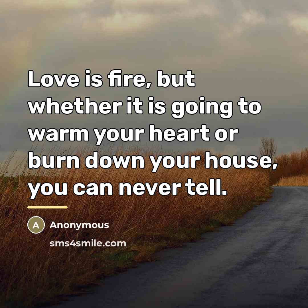 “Love is fire, but whether it is going to warm…” quote by Anonymous
