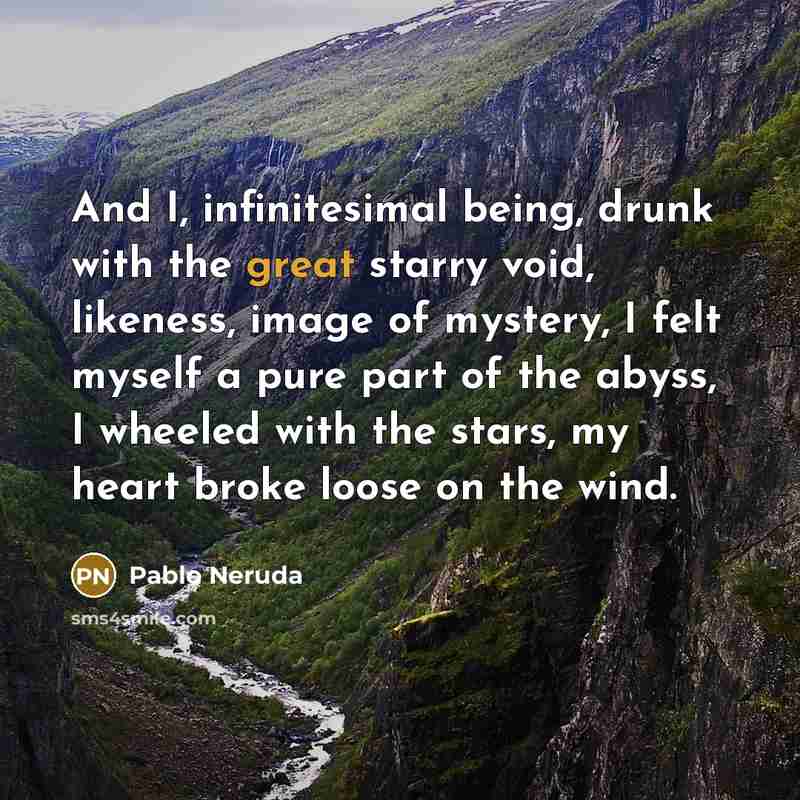 “And I, infinitesimal being, drunk with the great starry void,…” quote by Pablo Neruda