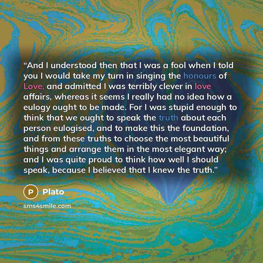 “And I understood then that I was a fool when I told you I would take my turn in singing the honours of Love, and admitted I was terribly clever in love affairs, whereas it seems I really had no idea how a eulogy ought to be made. For I was stupid enough to think that we ought to speak the truth…” quote by Plato