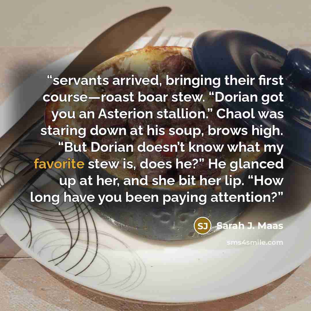 “servants arrived, bringing their first course—roast boar stew. “Dorian got you an Asterion stallion.” Chaol was staring down at his soup, brows high. “But Dorian doesn’t know what my favorite stew is, does he?” He glanced up at her, and she bit her lip. “How long have you been paying attention?” quote by Sarah J. Maas