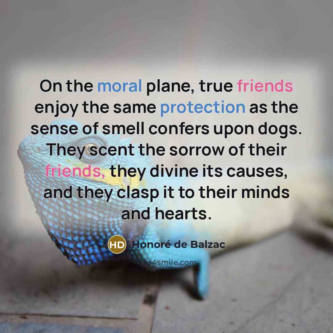 “On the moral plane, true friends enjoy the same protection as the sense of smell confers upon dogs. They scent the sorrow of their friends, they divine its causes, and they clasp it to their minds and hearts.” quote by Honore de Balzac