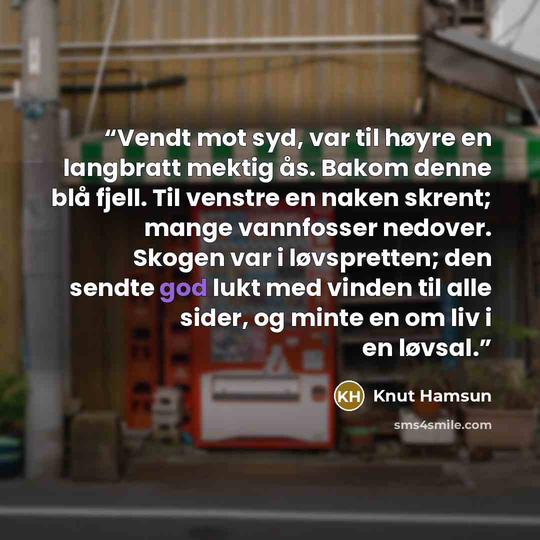 “Vendt mot syd, var til høyre en langbratt mektig ås. Bakom denne blå fjell. Til venstre en naken skrent; mange vannfosser nedover. Skogen var i løvspretten; den sendte god lukt med vinden til alle sider, og minte en om liv i en løvsal.” quote by Knut Hamsun