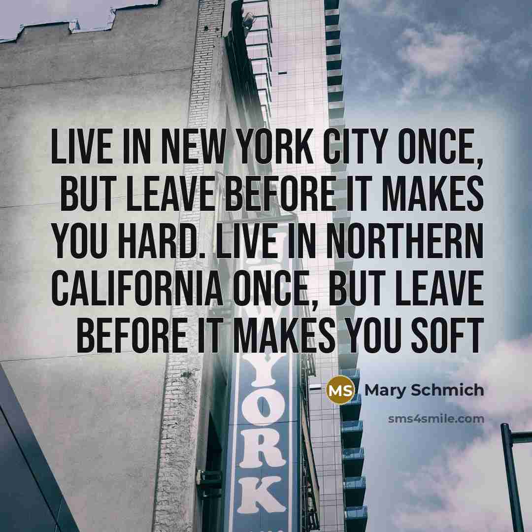 “Live in New York City once, but leave before it…” quote by Mary Schmich