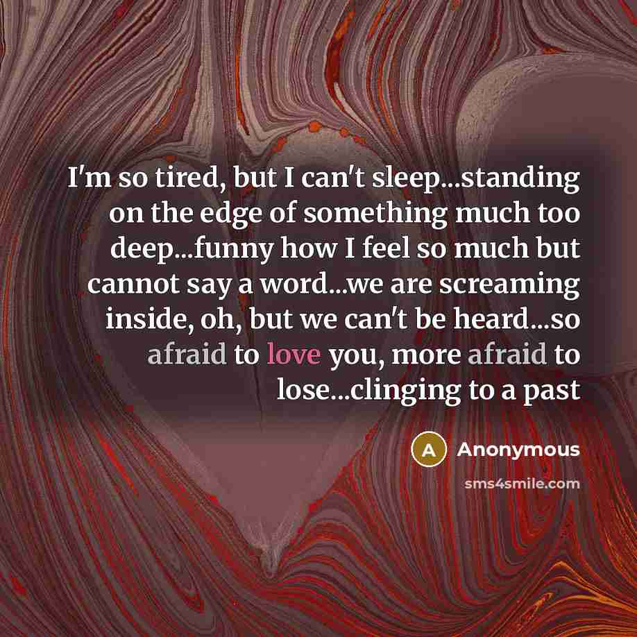 “I'm so tired, but I can't sleep...standing on the edge of something much too deep...funny how I feel so much but cannot say a word...we are screaming inside, oh, but we can't be heard...so afraid to love you, more afraid to lose...clinging to a past” quote by Anonymous