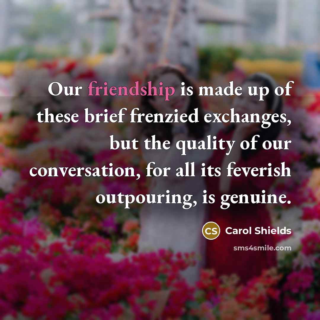 “Our friendship is made up of these brief frenzied exchanges,…” quote by Carol Shields