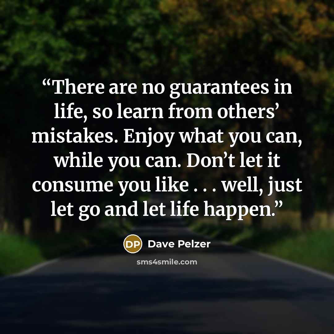 “There are no guarantees in life, so learn from others’ mistakes. Enjoy what you can, while you can. Don’t let it consume you like . . . well, just let go and let life happen.” quote by Dave Pelzer
