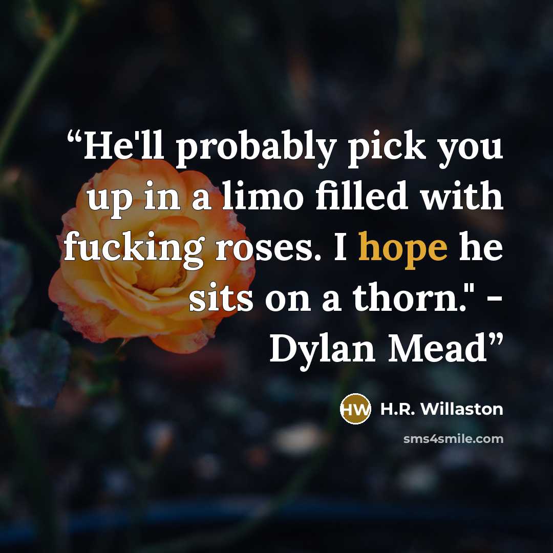 “He'll probably pick you up in a limo filled with fucking roses. I hope he sits on a thorn." - Dylan Mead” quote by H.R. Willaston