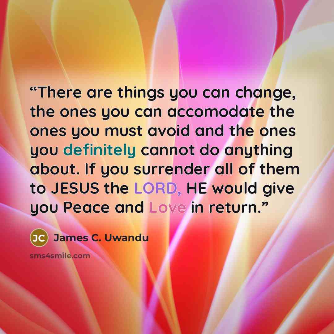 “There are things you can change, the ones you can accomodate the ones you must avoid and the ones you definitely cannot do anything about. If you surrender all of them to JESUS the LORD, HE would give you Peace and Love in return.” quote by James C. Uwandu