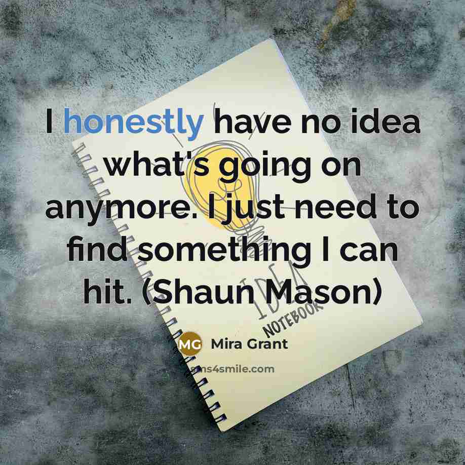 “I honestly have no idea what's going on anymore. I just need to find something I can hit. (Shaun Mason)” quote by Mira Grant