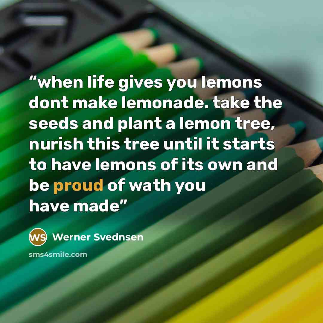 “when life gives you lemons dont make lemonade. take the seeds and plant a lemon tree, nurish this tree until it starts to have lemons of its own and be proud of wath you have made” quote by Werner Svednsen