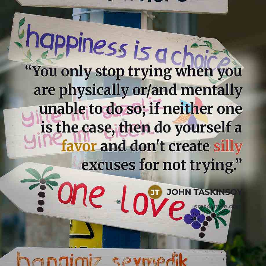 “You only stop trying when you are physically or/and mentally unable to do so; if neither one is the case, then do yourself a favor and don't create silly excuses for not trying.” quote by JOHN TASKINSOY