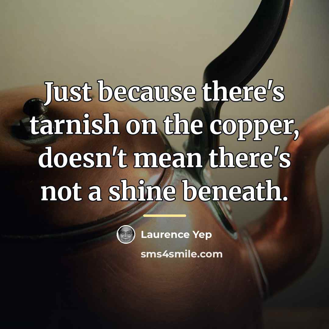“Just because there's tarnish on the copper, doesn't mean there's…” quote by Laurence Yep