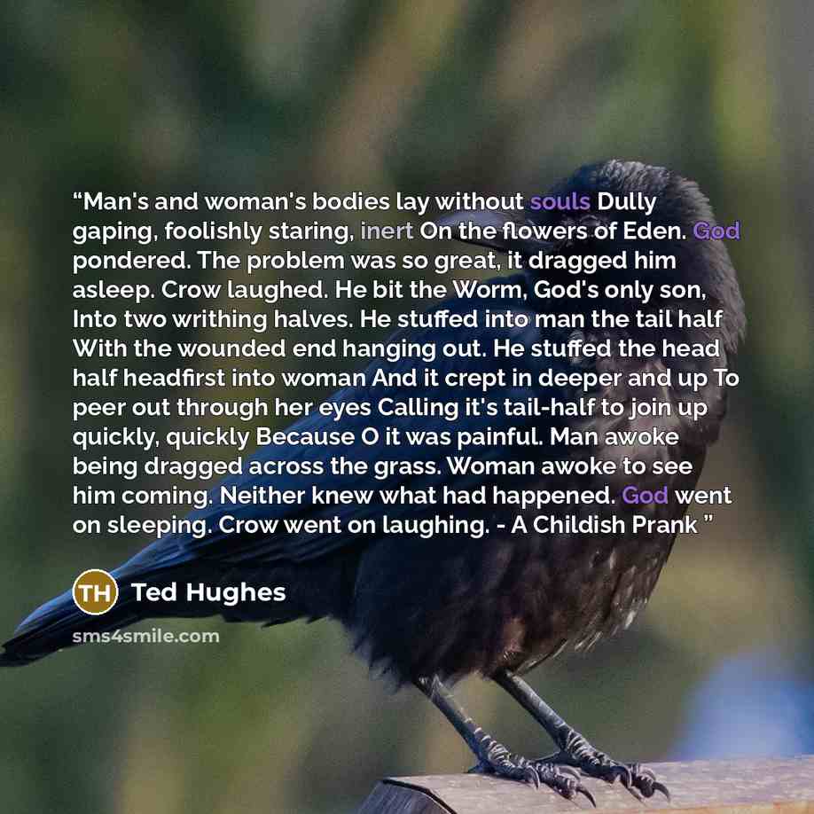 “Man's and woman's bodies lay without souls Dully gaping, foolishly staring, inert On the flowers of Eden. God pondered. The problem was so great, it dragged him asleep. Crow laughed. He bit the Worm, God's only son, Into two writhing halves. He stuffed into man the tail half With the wounded end…” quote by Ted Hughes