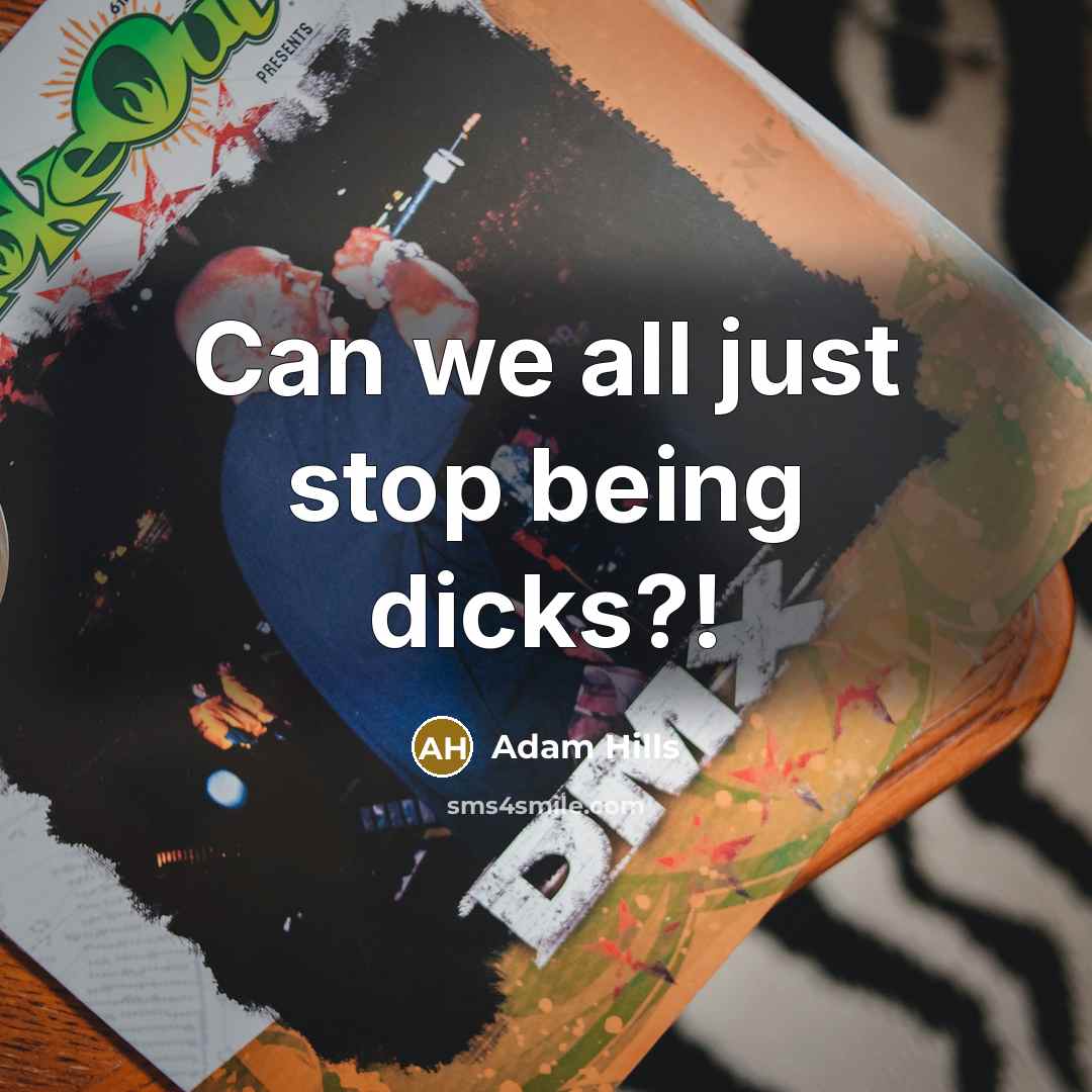 “Can we all just stop being dicks?!” quote by Adam Hills