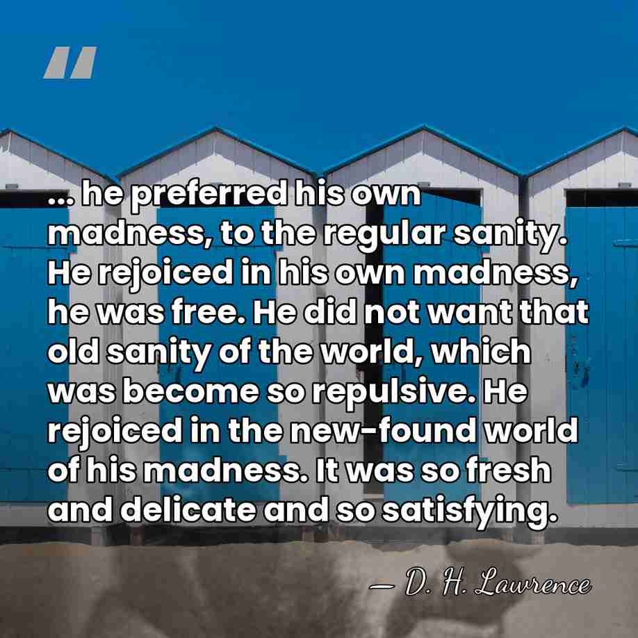 ... he preferred his own madness, to the regular sanity. He rejoiced&hellip; - D. H. Lawrence