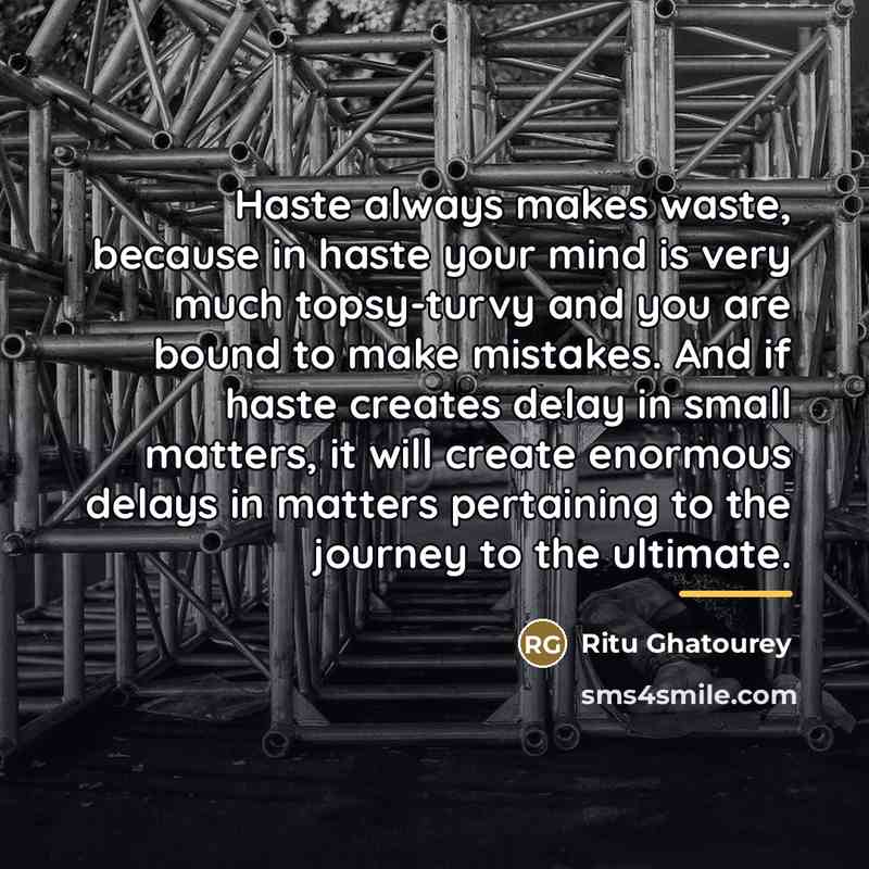 “Haste always makes waste, because in haste your mind is…” quote by Ritu Ghatourey