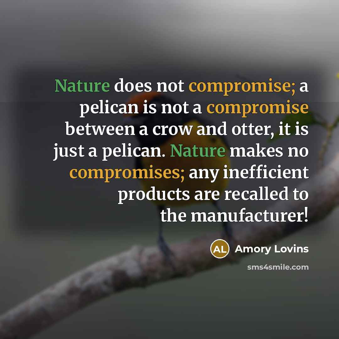 “Nature does not compromise; a pelican is not a compromise between a crow and otter, it is just a pelican. Nature makes no compromises; any inefficient products are recalled to the manufacturer!” quote by Amory Lovins