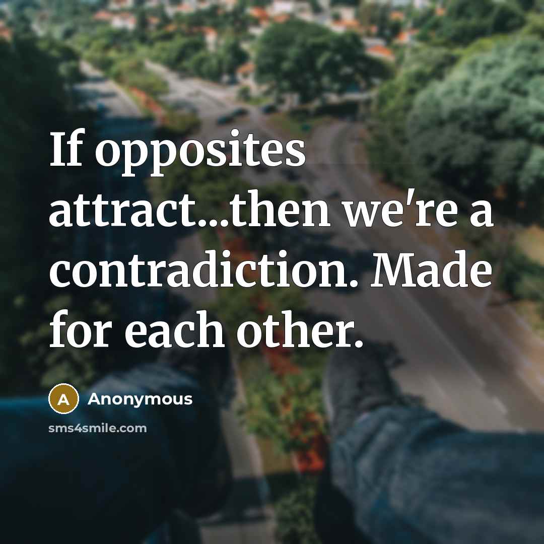 “If opposites attract...then we're a contradiction. Made for each other.…” quote by Anonymous