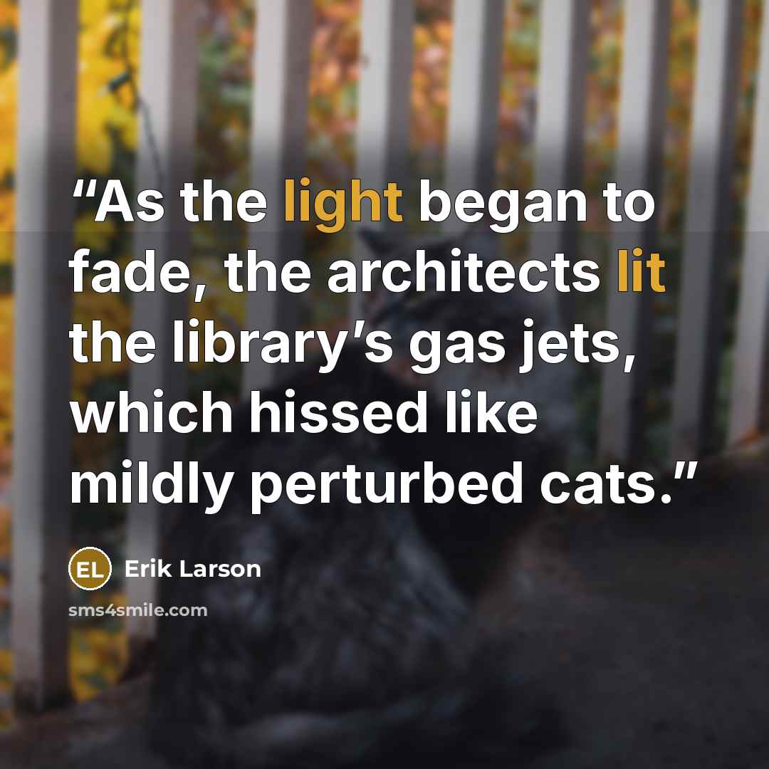 “As the light began to fade, the architects lit the library’s gas jets, which hissed like mildly perturbed cats.” quote by Erik Larson