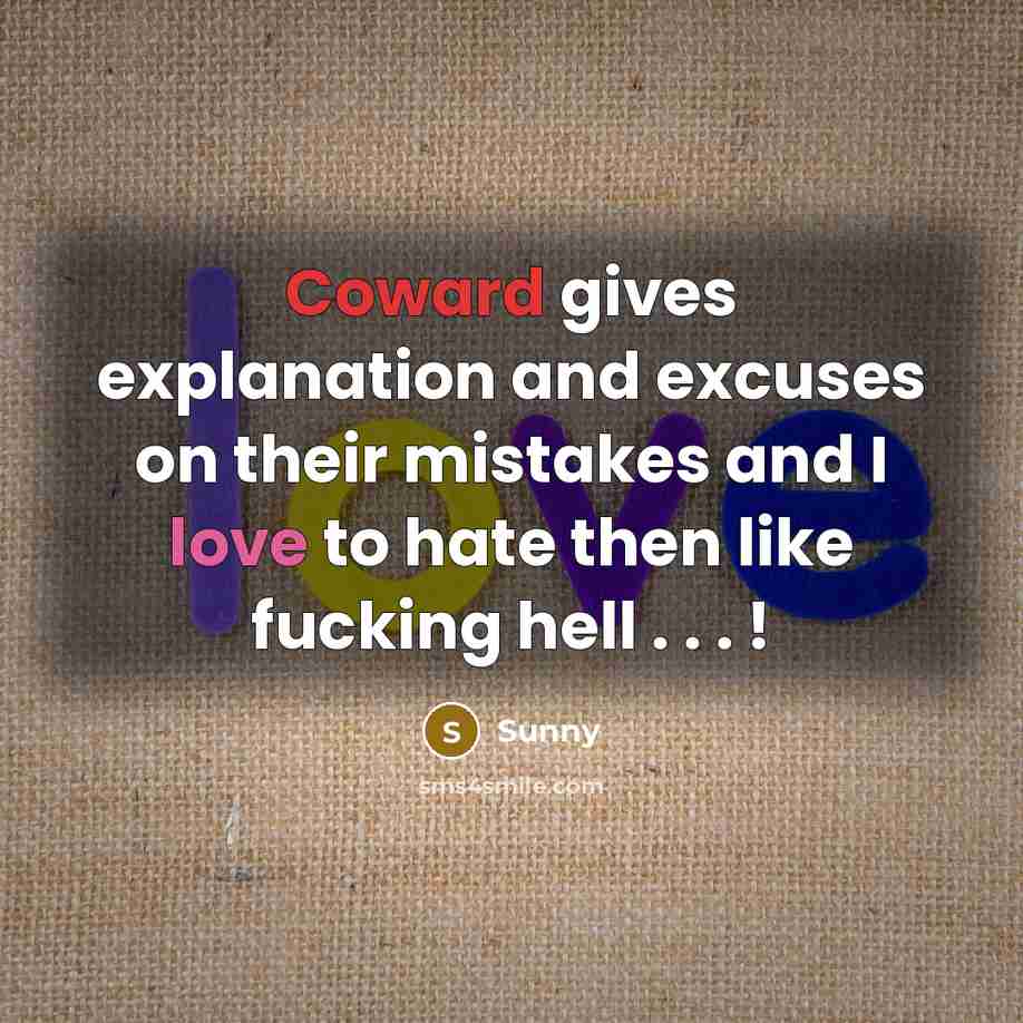 “Coward gives explanation and excuses on their mistakes and I…” quote by Sunny