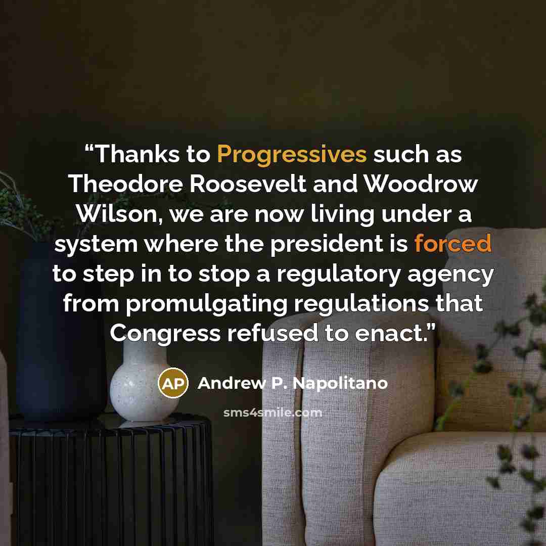 “Thanks to Progressives such as Theodore Roosevelt and Woodrow Wilson, we are now living under a system where the president is forced to step in to stop a regulatory agency from promulgating regulations that Congress refused to enact.” quote by Andrew P. Napolitano