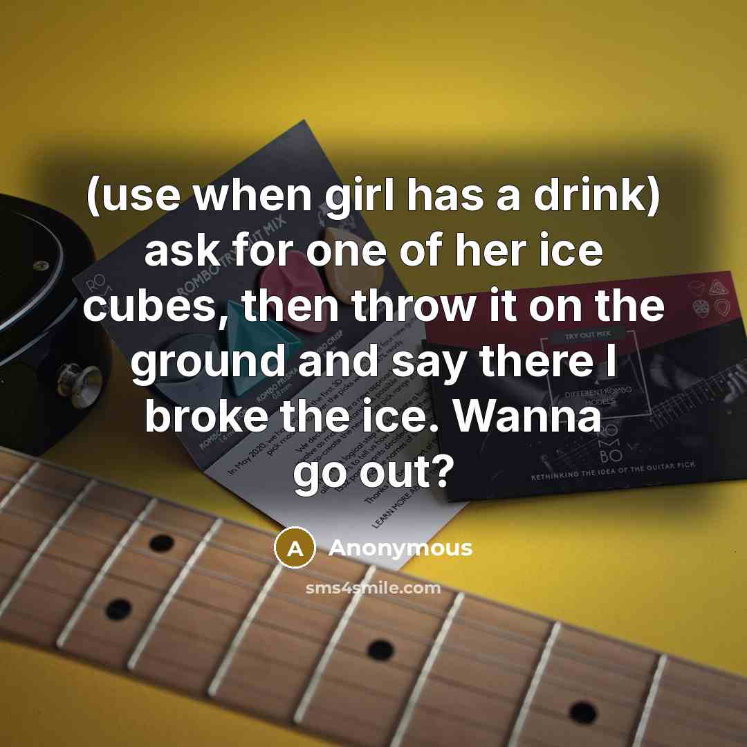 “(use when girl has a drink) ask for one of her ice cubes, then throw it on the ground and say there I broke the ice. Wanna go out?” quote by Anonymous