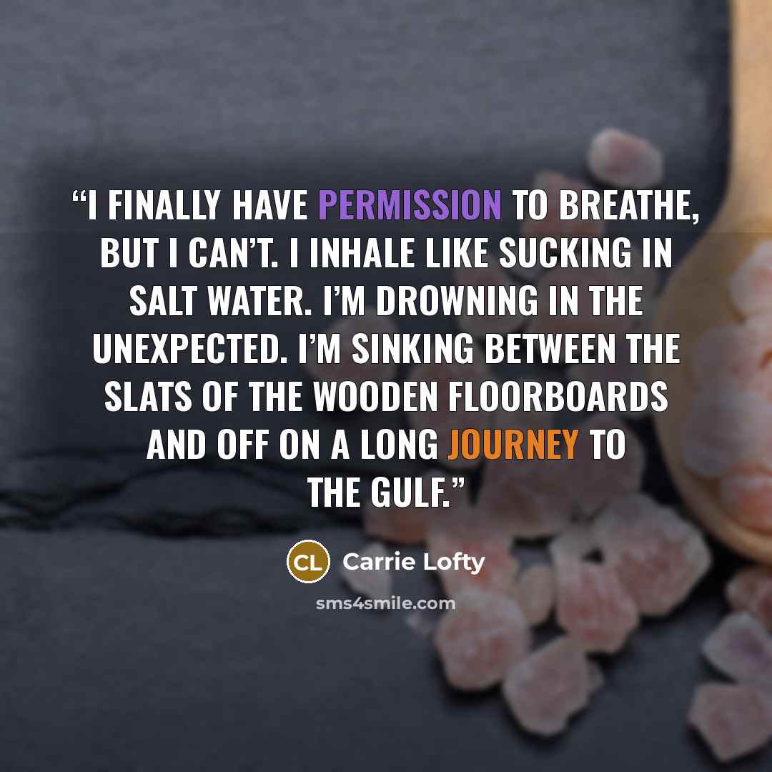 “I finally have permission to breathe, but I can’t. I inhale like sucking in salt water. I’m drowning in the unexpected. I’m sinking between the slats of the wooden floorboards and off on a long journey to the gulf.” quote by Carrie Lofty
