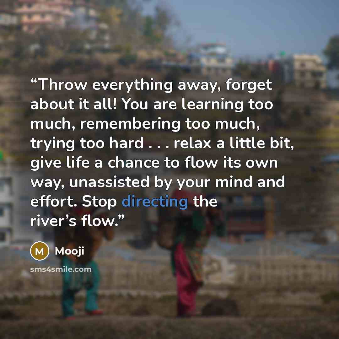 “Throw everything away, forget about it all! You are learning too much, remembering too much, trying too hard . . . relax a little bit, give life a chance to flow its own way, unassisted by your mind and effort. Stop directing the river’s flow.” quote by Mooji