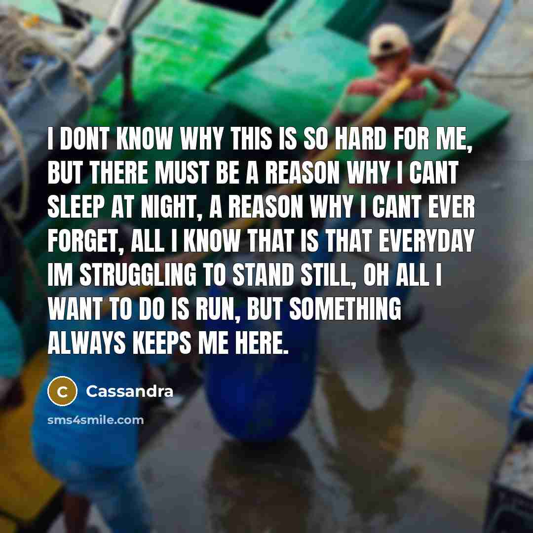 “I dont know why this is so hard for me, but there must be a reason why I cant sleep at night, a reason why I cant ever forget, All I know that is that everyday Im struggling to stand still, oh all I want to do is run, but something always keeps me here.” quote by Cassandra