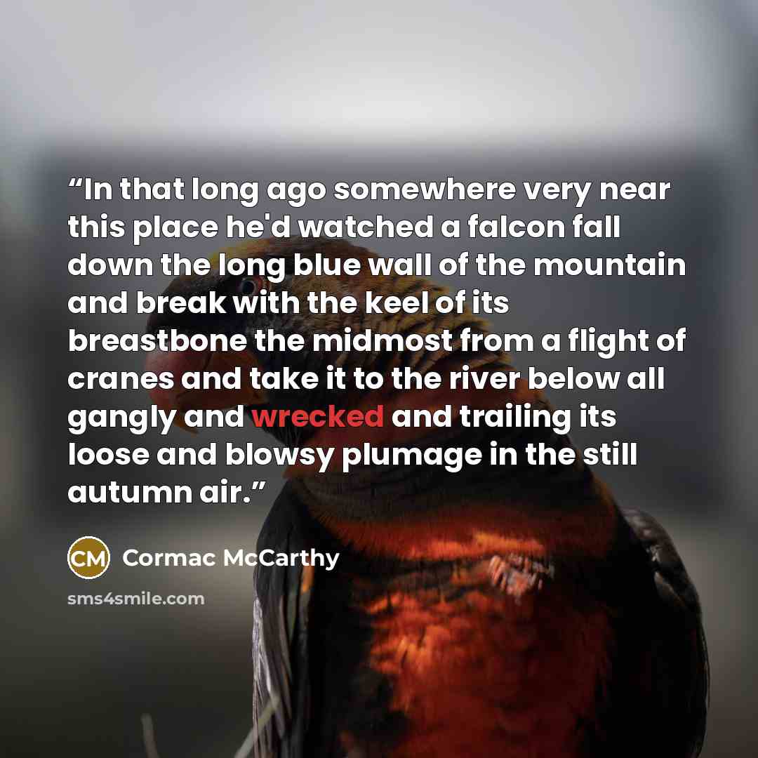 “In that long ago somewhere very near this place he'd watched a falcon fall down the long blue wall of the mountain and break with the keel of its breastbone the midmost from a flight of cranes and take it to the river below all gangly and wrecked and trailing its loose and blowsy plumage in the…” quote by Cormac McCarthy